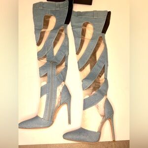 Denim & Mesh Swirl Stilletto Boots
- Blue Might Wash Jeans Unique Heeled
Booties